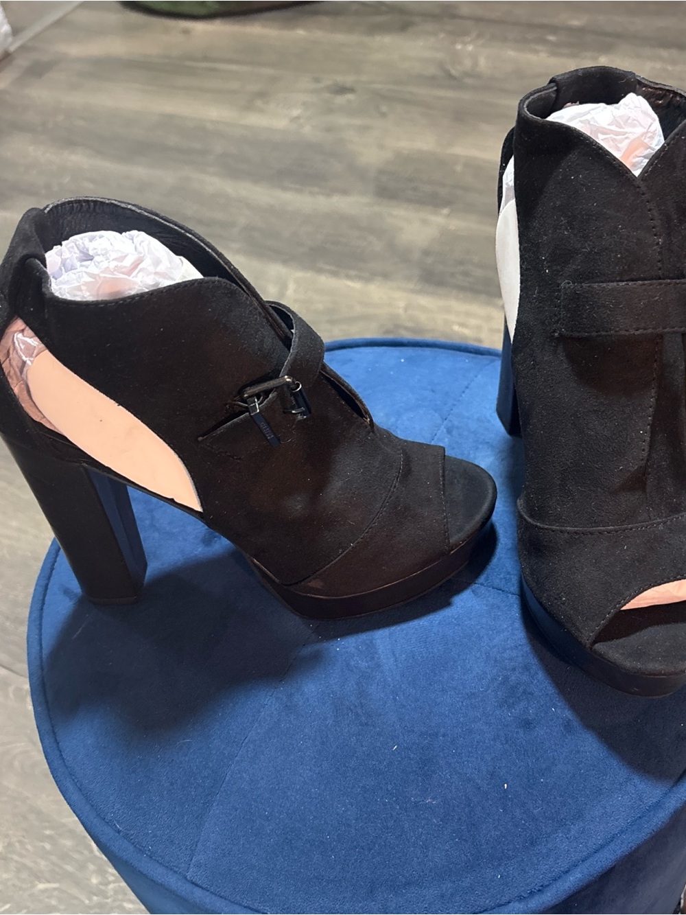 Black Suede Peep-Toe High Heel Booties - Women